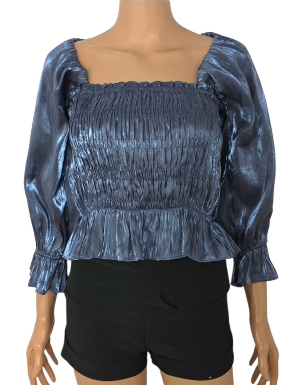 Mustard Seed Shimmery Navy Smocked Peplum Top Size M Medium